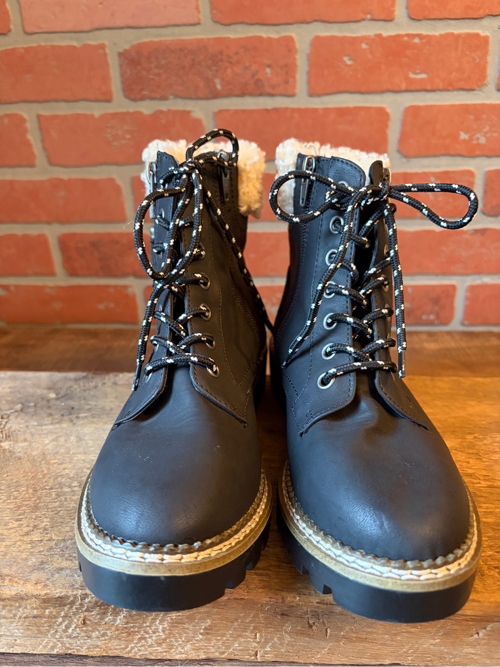 Universal Thread Women's Black Faux Leather Combat Boots I Faux Shearling Trim